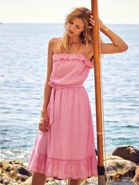 Sezane Cassandra Dress Women’s US 2 Pink Striped Midi Cotton Summer Ruffle Tie